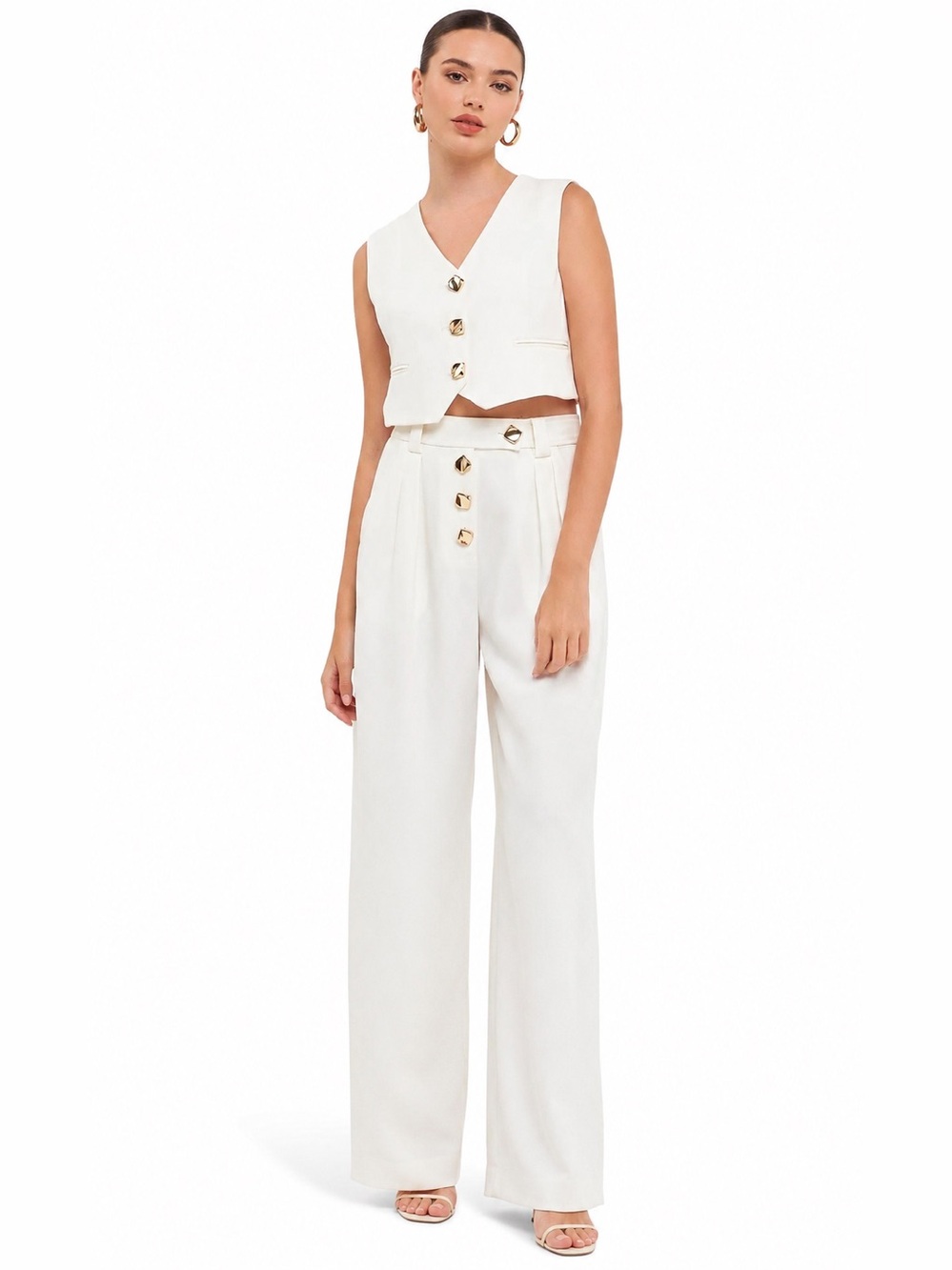 New Endless Rose Ivory Vest & Wide Leg Trouser Set Gold Button Detail Matching